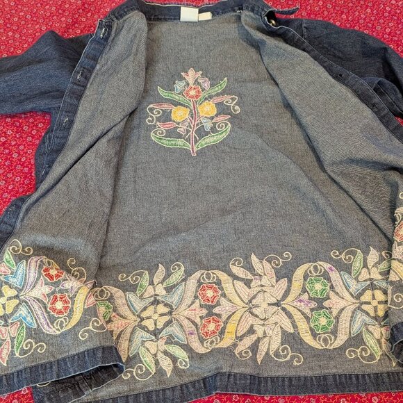 Vintage 90s Denim Embroidered Button Top Jacket Shacket Mainstreet Blues Boho XL - Picture 8 of 8